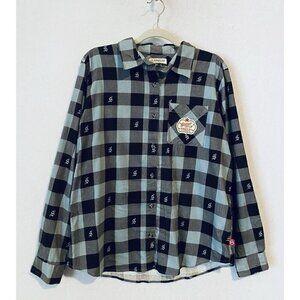 Magellan Outdoors X Shiner Bock Top Womens Large Blue Buffalo Plaid Flannel